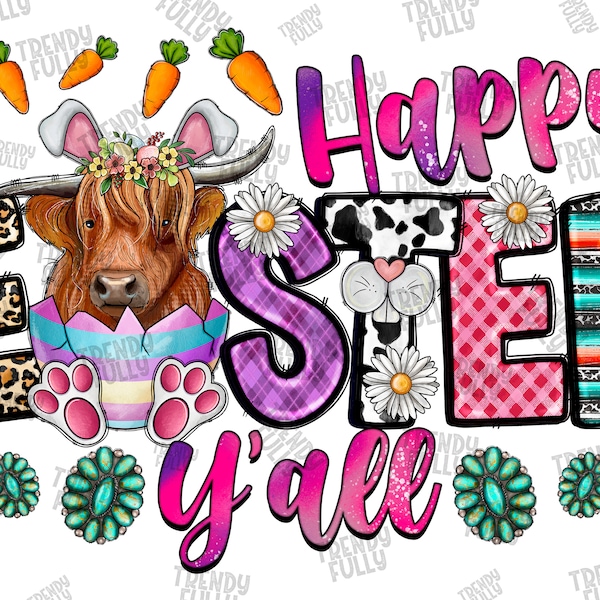 Happy Easter Y'all Cow png sublimation design download, Easter Day png, Highland Cow png design, Happy Easter, sublimate designs download
