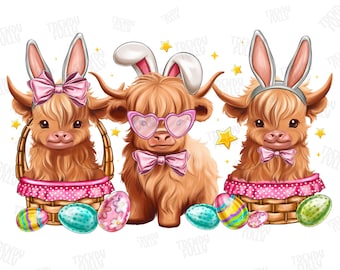 Easter Day Highland Cow PNG, Cute Cow Easter Png, Retro Easter Png, Happy Easter Sublimation Design, Digital Download