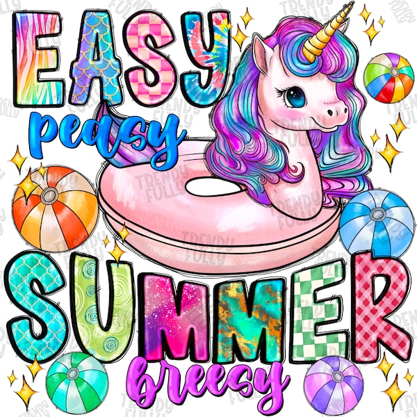 Easy-Peasy Summer Breezy PNG, Retro Summer Sublimation, Unicorn Float Summer, Groovy Summer Png, Summer PNG, Digital Downloads, Summer Life