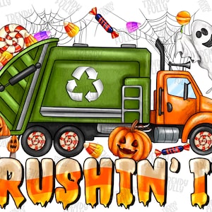 May include: A green garbage truck with a recycling symbol on the side is decorated with candy corn, candy canes, and a ghost. The truck is driving over the words "Crushin' It".