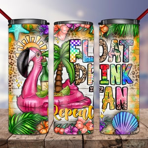 May include: Three colorful stainless steel tumblers with a summer theme. The tumblers feature a flamingo float, palm trees, and the text "Float Drink Tan Repeat".
