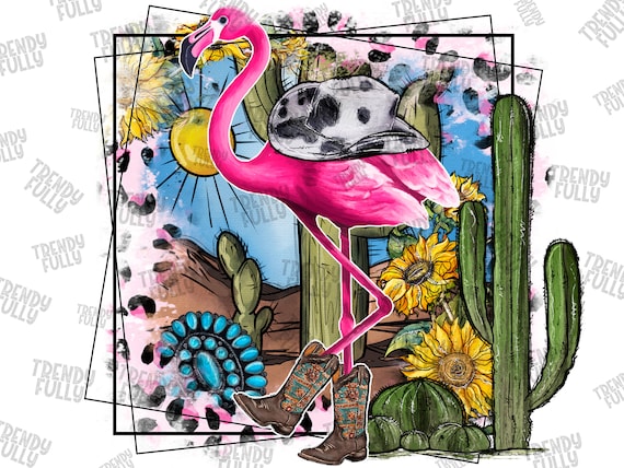 Western Flamingo PNG, Turquoise Gemstone, Desert, Flamingo PNG, Western, Cactus, Cowgirl Hat, Sublimation Design, Digital Download, Cowhide