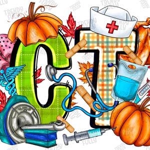 May include: A vibrant graphic combining medical and autumn themes, featuring the letters "G" and "T". It includes a stethoscope, nurse's hat, pumpkins, autumn leaves, medical equipment, and a turkey. The image has the text "TRENDY FULLY".