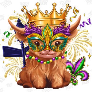 Cute Mardi Gras Highland Cow PNG Retro Mardi Gras, Fleur De Lis Brushstroke Mardi Mardi Gras Coquette, King Cake, Louisiana Crawfish