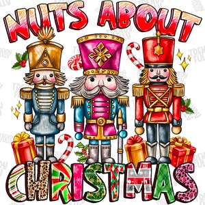 May include: Three toy nutcracker soldiers stand in front of a red and white striped background with the words "Nuts About Christmas". The nutcrackers are wearing traditional costumes with red, blue, and gold accents. The nutcracker on the left is wearing a blue and gold uniform, the nutcracker in the middle is wearing a red and pink uniform, and the nutcracker on the right is wearing a red and gold uniform.
