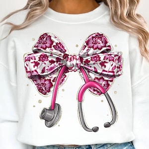 Nurse coquette bow png, retro nursing sublimation design, Nurse Pink Bow Ribbon Stethoscope png, trendy nurse digital download, Nurse png