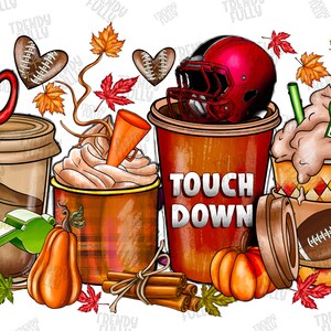 May include: A digital illustration of a fall-themed coffee cup design with a football helmet, a football, and the words "Touch Down".