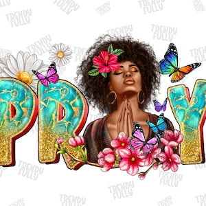 Puede incluir: Una ilustración digital de una mujer con cabello y piel marrón oscuro, vestida con un vestido floral, con las manos juntas en oración. La palabra "REZAR" está escrita en letras grandes y brillantes con un fondo turquesa y dorado. La imagen está rodeada de flores rosas y mariposas.