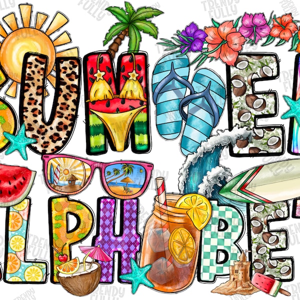 Summer Doodle Alphabet Bundle, Summer Life PNG Letters, Sublimation Design, Summer Png, Summer Alphabet, Summer Font, Beach,Digital Download