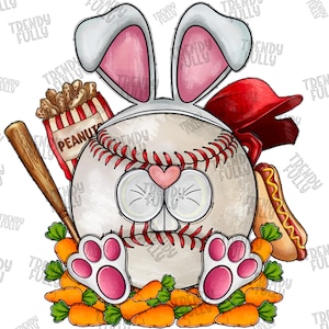 May include: A baseball with a bunny face and ears, surrounded by carrots, a hot dog, a bag of peanuts, and a baseball cap. The baseball is white with red stitching and a pink nose.