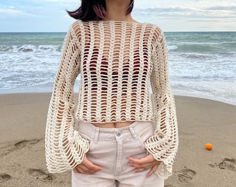 Crochet Long Sleeve Top, Handmade Summer Sweater Top, Vintage Style Blouse, Cover Up Top Boho Festival Crop , Y2K Summer Fashion, Beach Top