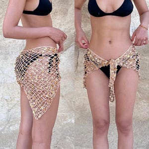 Handgjord paljetttriangulär sjal, virkad nätsarong, strandklänning