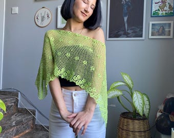 Poncho de ganchillo hecho a mano – Top de malla verde – Cubrebaño de verano de algodón – Blusa bohemia transparente
