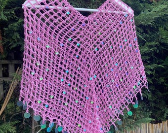 Handmade Mesh Crochet Poncho – Pink Iridescent Sequin Triangle Wrap – Boho Beach Cover Up or Elegant Shawl – Festival Outfit Layer Cape