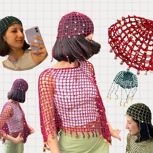 May include: A collection of handmade crochet items, including a magenta net top, matching hat, and other net hats in green and gold. The garments are adorned with gold sequins and fringe, showcasing a bohemian aesthetic.