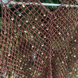 May include: A brown, open-weave crochet top with a V-neck design. The top is adorned with numerous gold-colored sequins, adding a touch of sparkle. The garment is displayed on a white hanger against a backdrop of green foliage.