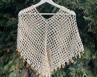 Handmade Mesh Crochet Poncho – Ecru Cream Gold Sequin Triangle Wrap – Boho Beach Cover Up or Elegant Shawl – Festival Outfit Layer Cape