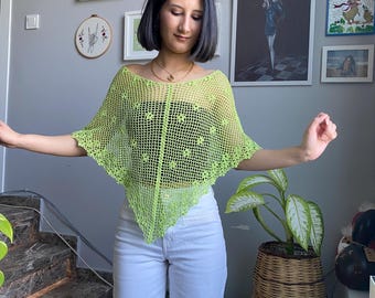Handmade Crochet Poncho – Green Mesh Top – Cotton Summer Cover Up – Sheer Boho Blouse
