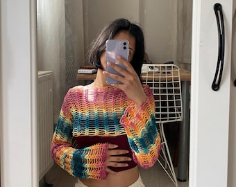Custom Crochet Fishnet Shrug, Handmade Mermaid Bolero, Hollow Out Open Top Mesh Long Sleeves, Y2k Colorful Crop, Streetwear Festival Beach