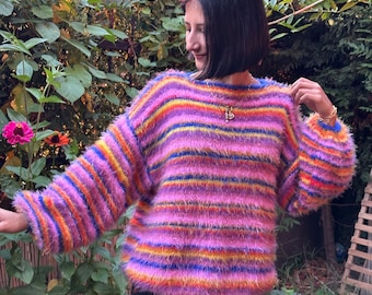 Fluffy Colorful Oversized Knitted Sweater, Handmade Balloon Sleeve Jumper, Soft Multicolor Cozy Pullover, Unisex Fuzzy Rainbow Knit