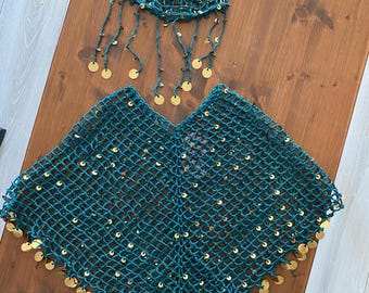 Crochet Poncho and Hat Set with Gold Sequins, Teal Green, Handmade Wrap