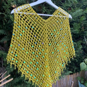 Lime Yellow with Sequin Crochet Festival Poncho, Iridescent Sparkly Shawl, Neon Acid Green Rave Cape, Party Mesh Cover Up Bohemian Beachwear