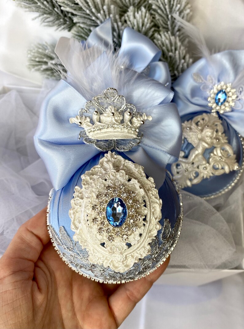 Set of Christmas Balls in Blue and White With Silver Decoration, Velvet ...