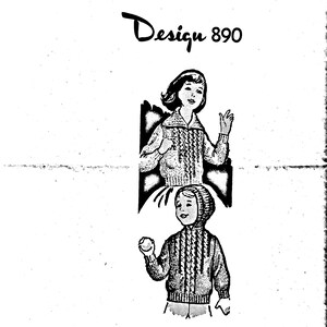 Könnte beinhalten: Schwarz-weiß-Illustration von zwei Kindern, die Strickjacken tragen. Das Design ist mit "Design 890 Knitted Jacket" gekennzeichnet.