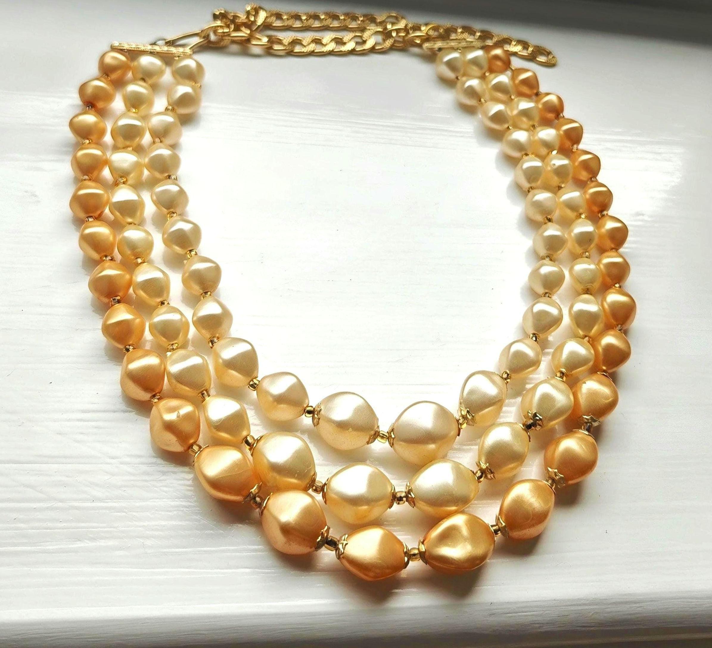 Vintage Triple Strand Faux Pearl Necklace – Champagne Gold