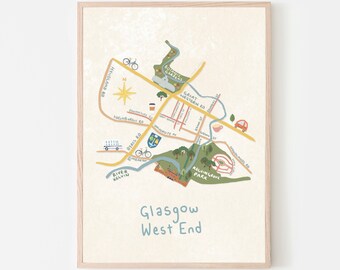 West End Glasgow Print | Illustrated Map | Glasgow Print Scotland | Housewarming gift | Handmade | Wall Art