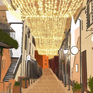 May include: A narrow, cobblestone street lined with buildings, decorated with twinkling string lights overhead. The street is empty, with a few potted plants and a glimpse of a red building in the distance.