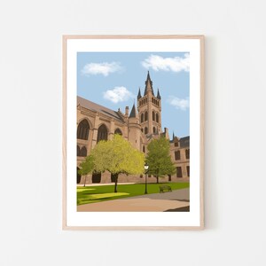 May include: A framed illustration of a large, stone building with a tall tower. The building has a pointed roof and arched windows. There are trees and a bench in front of the building.