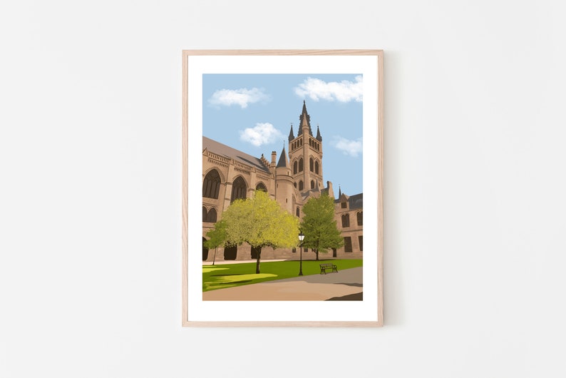 May include: A framed illustration of a large, stone building with a tall tower. The building has a pointed roof and arched windows. There are trees and a bench in front of the building.