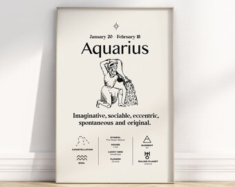 Aquarius poster, zodiac art print, horoscope print, star sign wall art, zodiac gifts, illustration, Aquarius Energy, Astrology poster