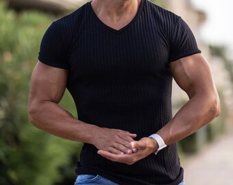 Men's V-neck Slim Sports Fitness Breathable Short-sleeved T-shirt, Men's Slim Fit Work Out Gym T-Shirt, Muscle Men's T-Shirts for Guys Dudes