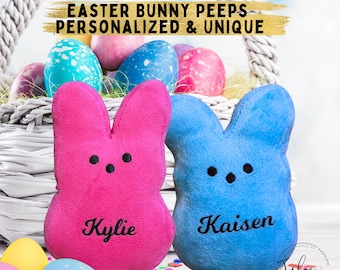 Personalized Name Easter Bunny Plush Doll Easter Bunny Peep with Name Peeps Bunny Toy Easter Basket Stuffer Gifts for Kids Easter Decoration