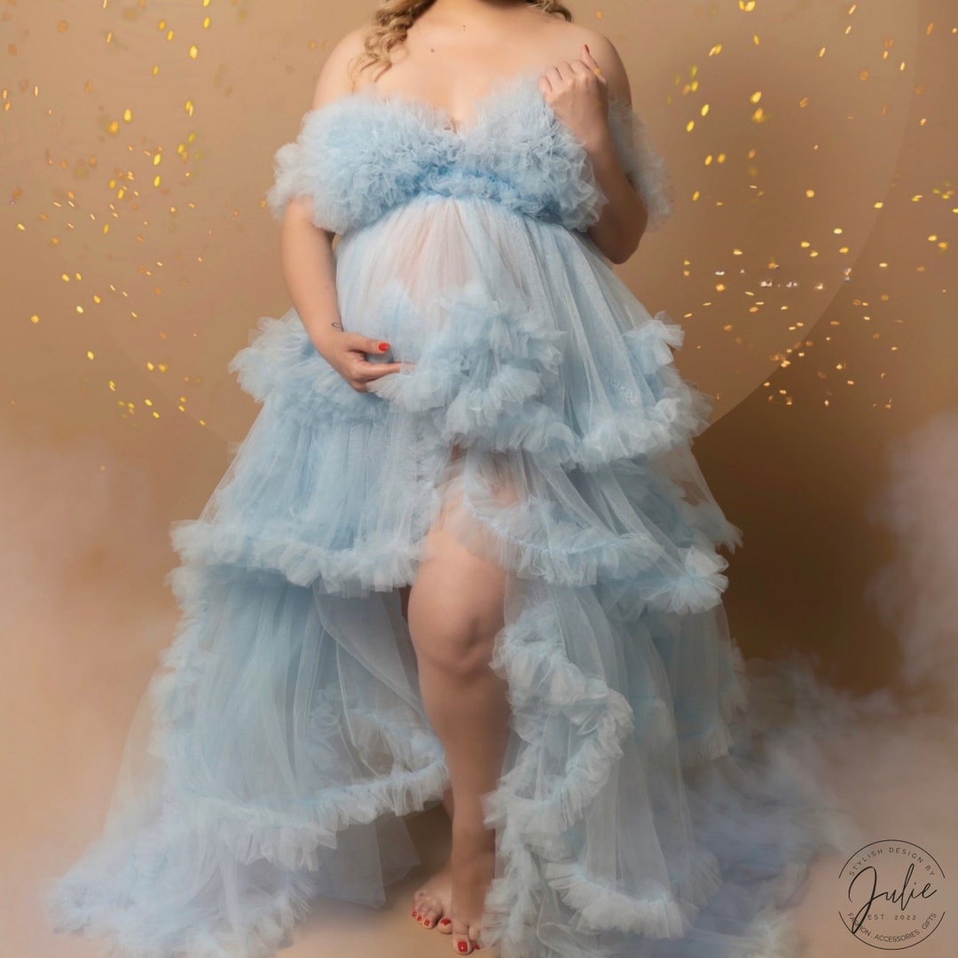 Women's Maternity Gown For Photoshoot – Long Puffy Sleeve Tulle Dress For Baby Shower & Pregnancy Photos