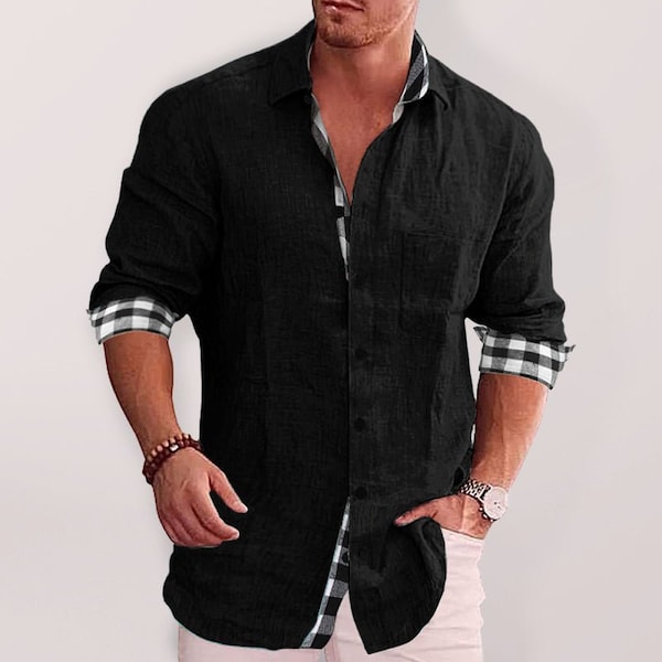 Men's Casual Button Up Shirt, Men's Dress Shirts Plaid Sleeve, Anniversary Birthday Party Dress Shirts for Men, Bachelor Men's Dress Shirt