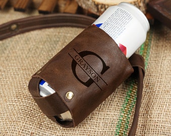 Personalized Leather Can Holder with Belt, Beer Holster with Strap, Monogram Can Cooler, Laser Engraved Beer Holder, Unique Gift for Him