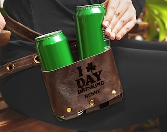 Personalized Irish Gifts, St Patricks Day Gifts, Leather Beer Holder, Shamrock Four Leaf Gifts, Beer Enthusiast Gifts, Irish Beer Gifts