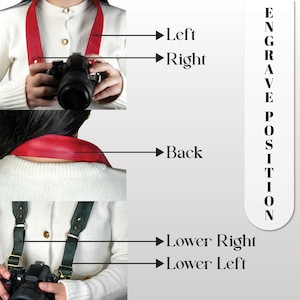 May include: A red camera strap with gold hardware. The strap can be worn around the neck, across the chest, or over the shoulder. The strap is shown in three different positions: left, right, and back.