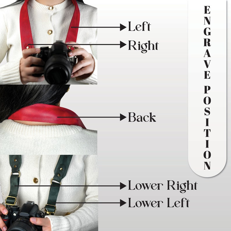 May include: A red camera strap with gold hardware. The strap can be worn around the neck, across the chest, or over the shoulder. The strap is shown in three different positions: left, right, and back.
