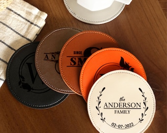 Ensemble de sous-verres en cuir personnalisés avec support, cadeau de pendaison de crémaillère gravé