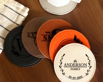 Custom Engraved Leather Coaster Set with Holder, Personalize Round Coaster, Newlywed Gift, Housewarming Gift, New Home Gift, Gift for Couple