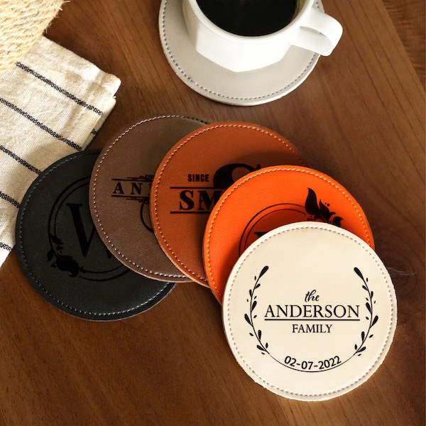 Custom Engraved Leather Coaster Set with Holder, Personalize Round Coaster, Newlywed Gift, Housewarming Gift, New Home Gift, Gift for Couple