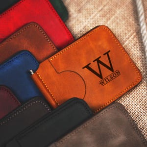 Cartera de cuero fina personalizada para el Día del Padre, regalo de cumpleaños para papá, billetera con clip para billetes con monograma personalizado, tarjetero de cuero para hombre.