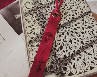 Personalized Leather Birth Flower Bookmark, Custom Engraved Gift