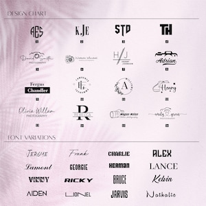May include: Design chart showcasing 16 distinct logo designs for a range of businesses. The logos incorporate initials, names, and symbols. The chart also presents a list of font variations with names such as Jerome, Lamont, Vinny, Aiden, Frank, Georgie, Ricky, Lionel, Charlie, Herman, Bruce, Jarvis, Alex, Lance, Kelvin, and Nathalie.
