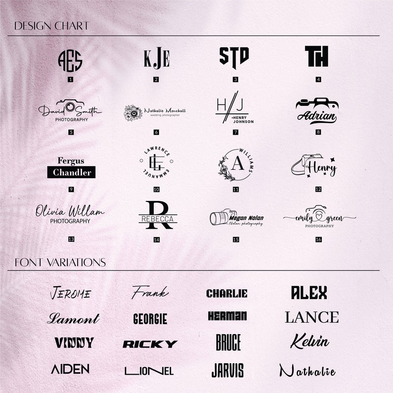 May include: Design chart showcasing 16 distinct logo designs for a range of businesses. The logos incorporate initials, names, and symbols. The chart also presents a list of font variations with names such as Jerome, Lamont, Vinny, Aiden, Frank, Georgie, Ricky, Lionel, Charlie, Herman, Bruce, Jarvis, Alex, Lance, Kelvin, and Nathalie.