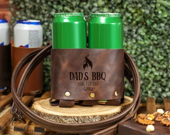 Cadeau personnalisé barbecue pour père, porte-canette de bière, cadeaux d'anniversaire personnalisés pour papa, étui en cuir pour canette de soda, cadeau fête des pères, cadeaux de camping